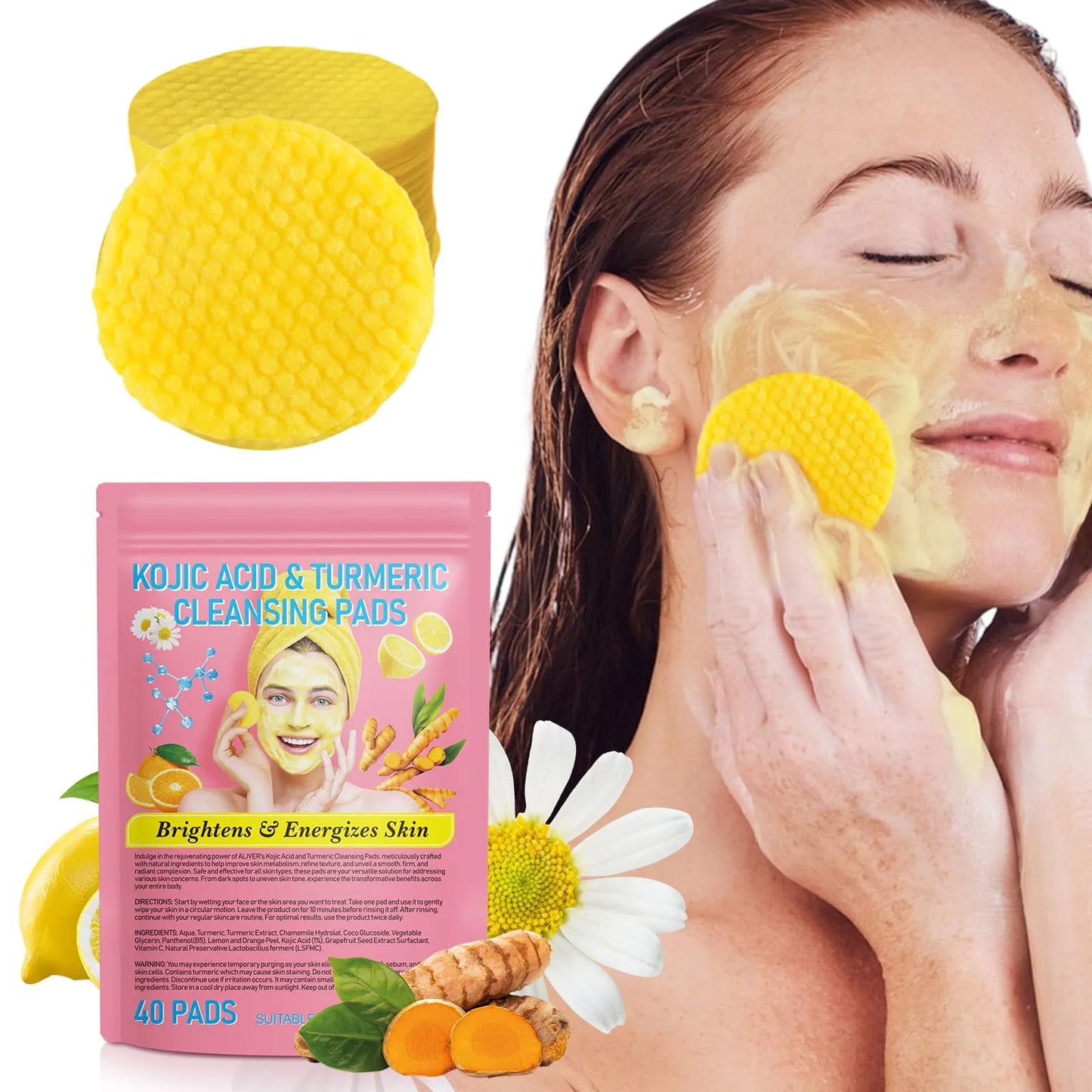 40/80pcs Turmeric and Kojic Acid Cleansing Pads - Exfoliating Facial Sponges for Daily Skin Care and Deep Cleansing