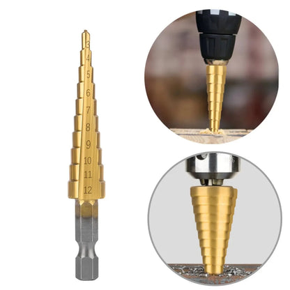 3Pcs Titanium Coated Step Drill Bit Set: 3-12mm, 4-12mm, 4-20mm HSS Pagoda Step Drill with Hex Shank - for Wood and Metal Hole Drilling