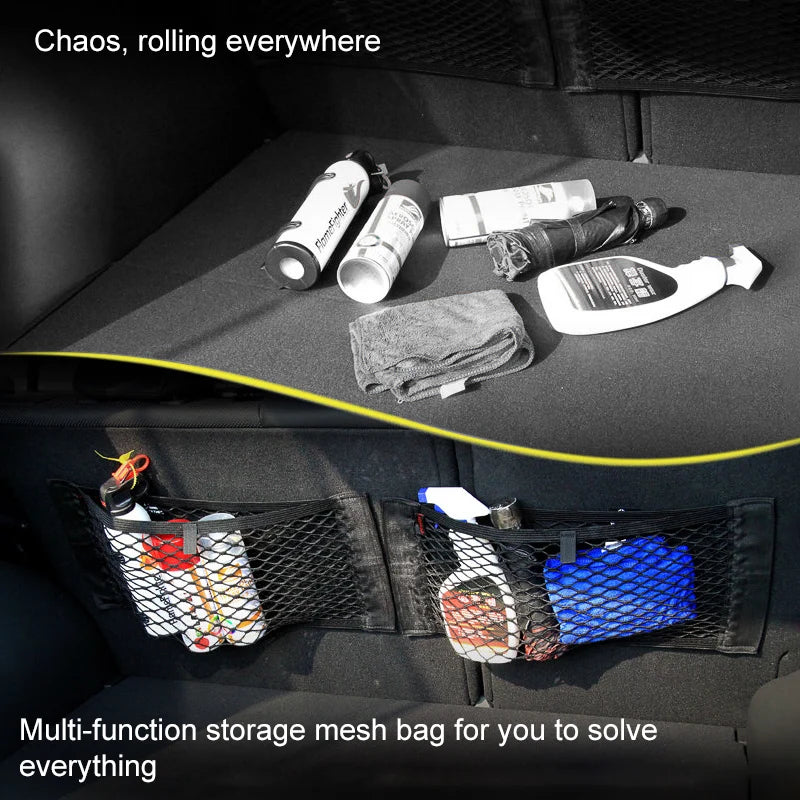 Car Back Rear Mesh Trunk Seat Elastic String Net: Universal Storage Bag Pocket Cage - Auto Organizer Seat Back Bag with Magic Sticker