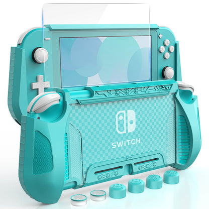 TPU Plaid Protective Sleeve for Nintendo Switch Lite – Includes Scratch-Resistant Tempered Glass Screen Film and 6 Keycaps