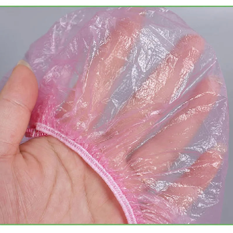 100pcs/set Disposable Shower Caps - Pink Plastic Waterproof Headgear for Spa Salon, Hotel, Hair Dye, Women's Elastic Hair Cap, Bathroom Accessory