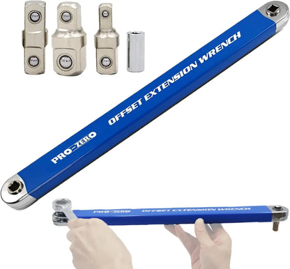 Offset Extension Wrench - Tight Spaces Tool with 1/2", 1/4", and 3/8" Drive Adapters - Universal Extension Tool