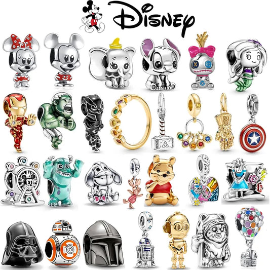 New 925 Sterling Silver Mickey Minnie Vinnie Charm - Ley 925 Chain Beaded, Fits Original Pandora Bracelet, DIY Ladies Jewelry