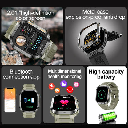 Rugged Military Smart Watch – IP68 Waterproof, 2.01'' HD Display, Bluetooth & Voice Features, Compatible with Android, iOS, Xiaomi