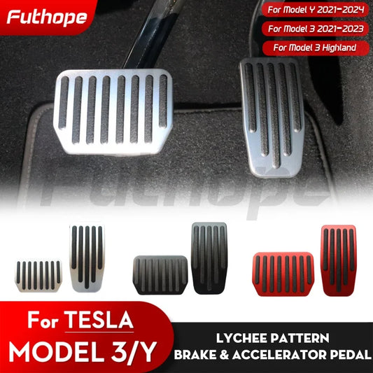 Futhope Car Foot Pedal Pads Covers: For Tesla Model 3/Y Highland 2021-2024 - Litchi Grain Anti-Slip Accelerator Brake Rest Pedal