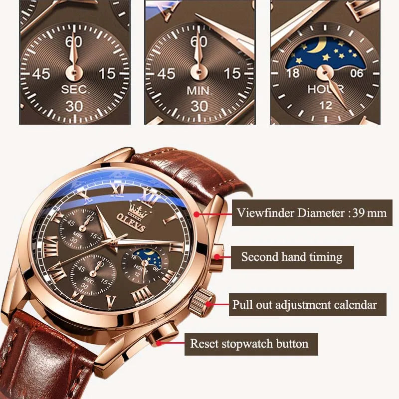 OLEVS Quartz Watch for Men - Top Brand Luxury, Moon Phase, Waterproof, Chronograph - Fashionable Wrist Watch for Men