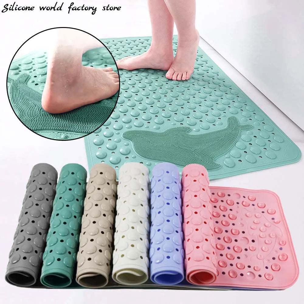 Silicone Anti-Skid Bathroom Mat with Drain Hole - Dolphin Massage Foot Mat, PVC Suction Cup Shower Floor Mat