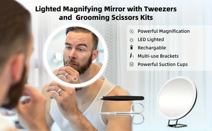 6 Inch Magnifying Mirror with Light - 5-30X Portable Travel Mirror with 360° Adjustable Stand and Suction Cup