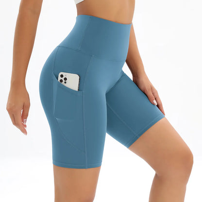 Breathable Fitness Shorts for Women: High Waist Yoga & Cycling Pants with Pocket - No Awkward Lines
