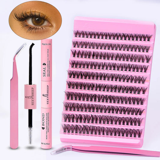 DIY Eyelash Extension Kit - 200pcs Individual Lashes Cluster D Curl, Mix Lash Clusters 8-16mm, Includes Lash Bond, Seal, and Lash Applicator