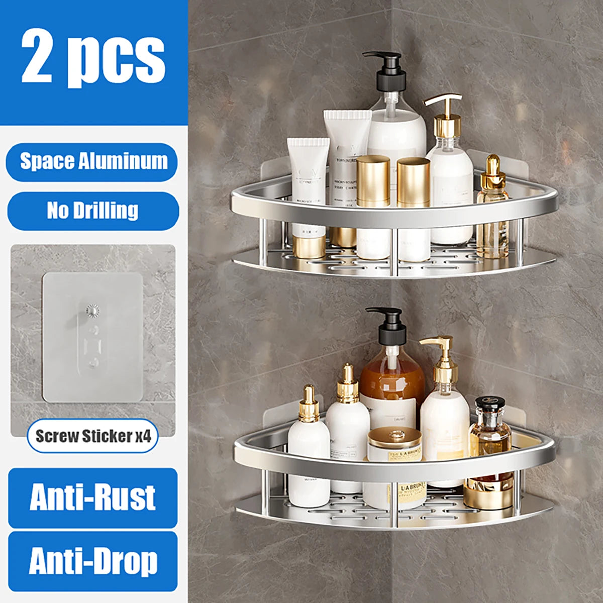 Shower Corner Shelf Caddy - No Drill Rust-Proof Organizer for Bathroom, Corner Wall Shelf and Shampoo Holder