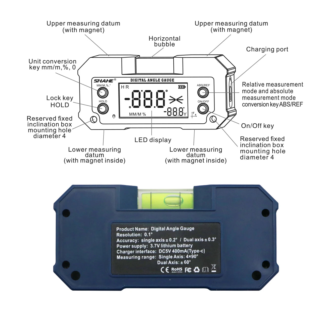 SHAHE MINI Magnetic Level Gauge: Rechargeable Dual Axis Digital Angle Finder with Level Bubble - Inclinometer Protractor