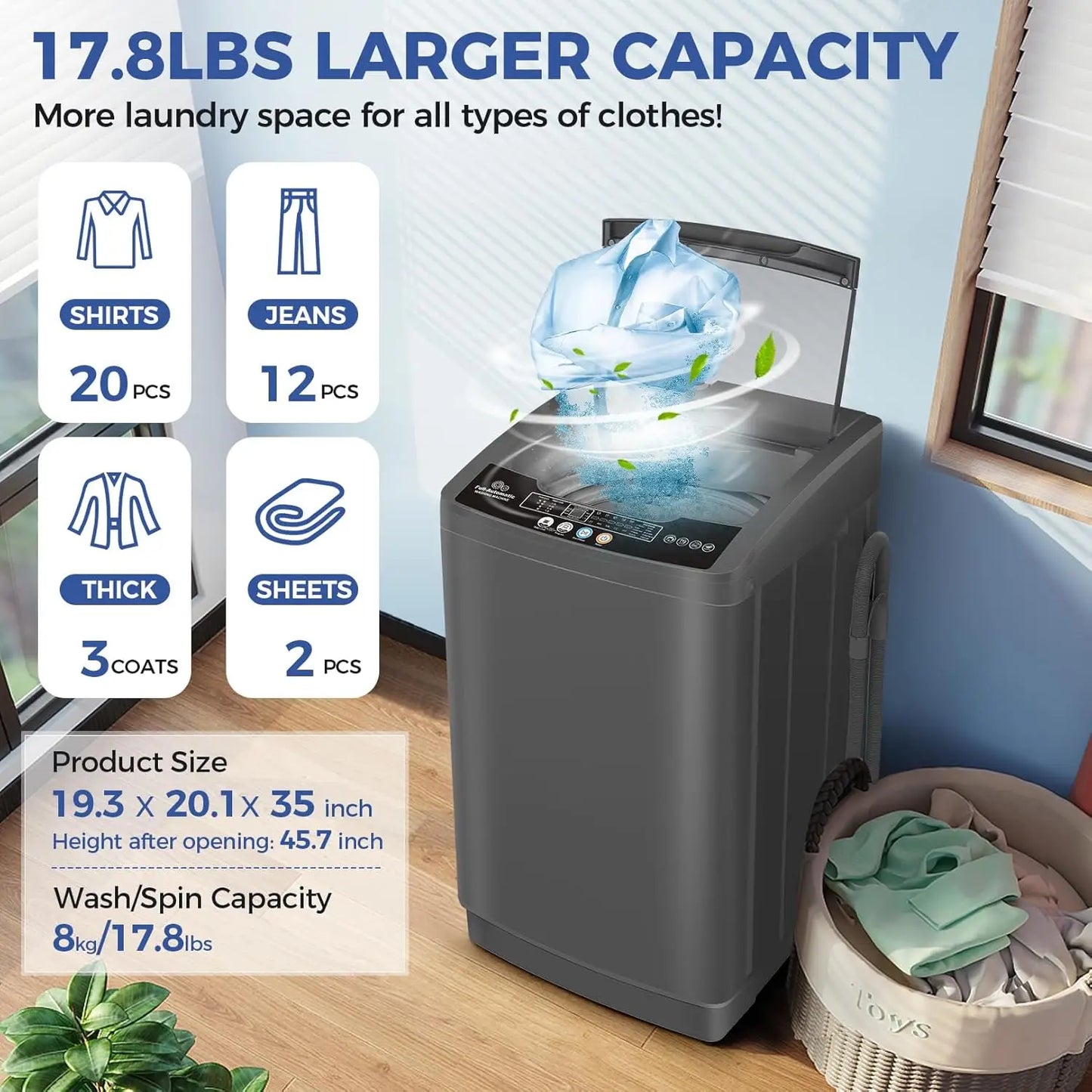 Portable 17.8lb Washing Machine - 2.4Cu.ft Compact Washer and Dryer Combo with Drain Pump