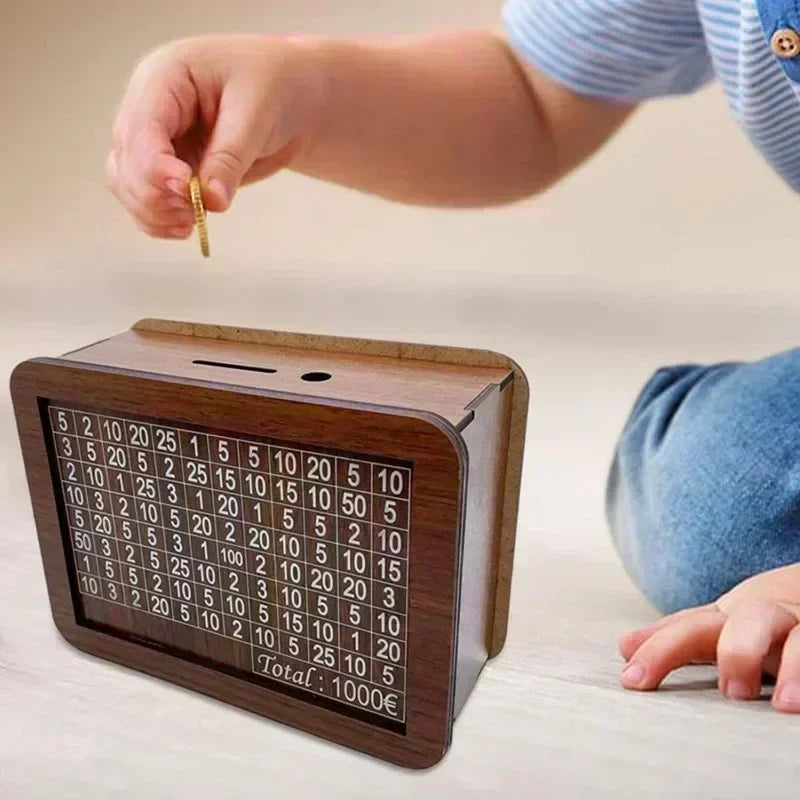 Wooden Money Box Piggy Bank - Reusable Cash Bank with Savings Goal and Numbers for Encouraging Saving Habits