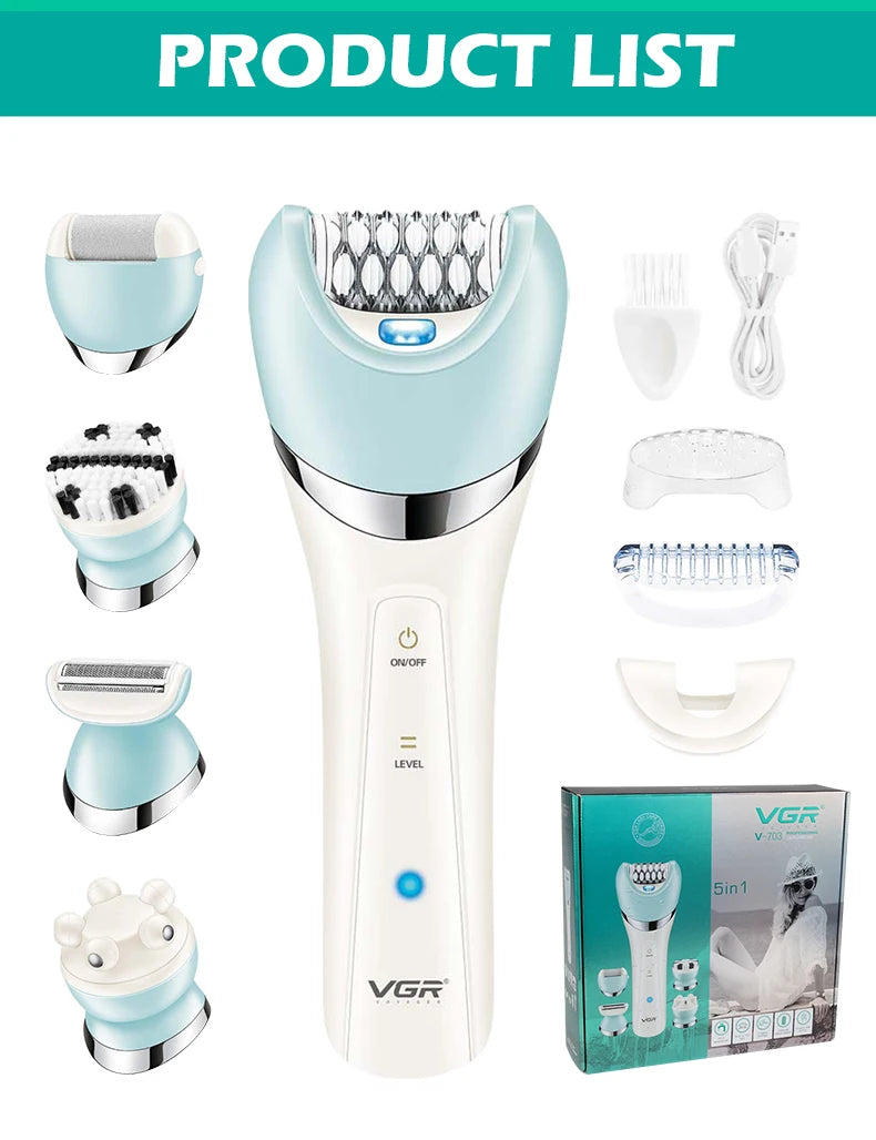 VGR 5-in-1 Electric Epilator V-703: Women's Shaver, Bikini Trimmer, Facial Cleaner, and Body Hair Remover with Massage Function