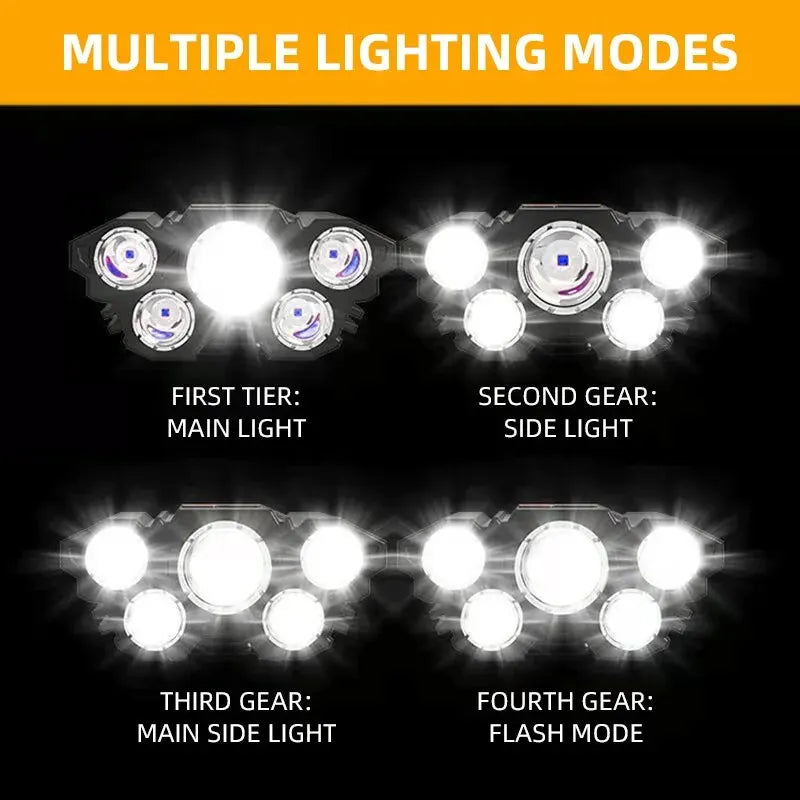 USB Rechargeable LED Strong Light Five-Headed Outdoor Waterproof Fishing Light: Ultra Bright Head Mounted Flashlight