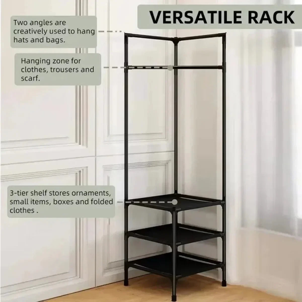 2 in 1 Corner Clothes Rack and Nightstand Organizer – Coat Stand, Storage Shelf, Bedroom Clothing Rack