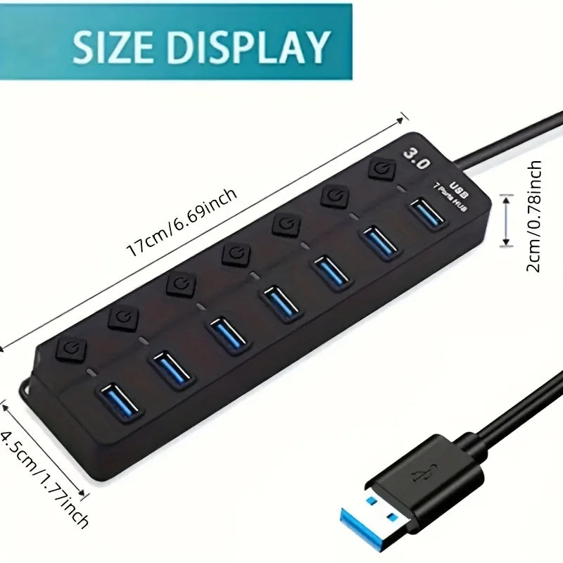 4/7-Port USB 3.0 Hub with LED Indicator - Independent Switch Control for Laptop, Flash Drives, Hard Drives, Printers, Cameras, and Keyboards