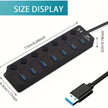 4/7-Port USB 3.0 Hub with LED Indicator - Independent Switch Control for Laptop, Flash Drives, Hard Drives, Printers, Cameras, and Keyboards