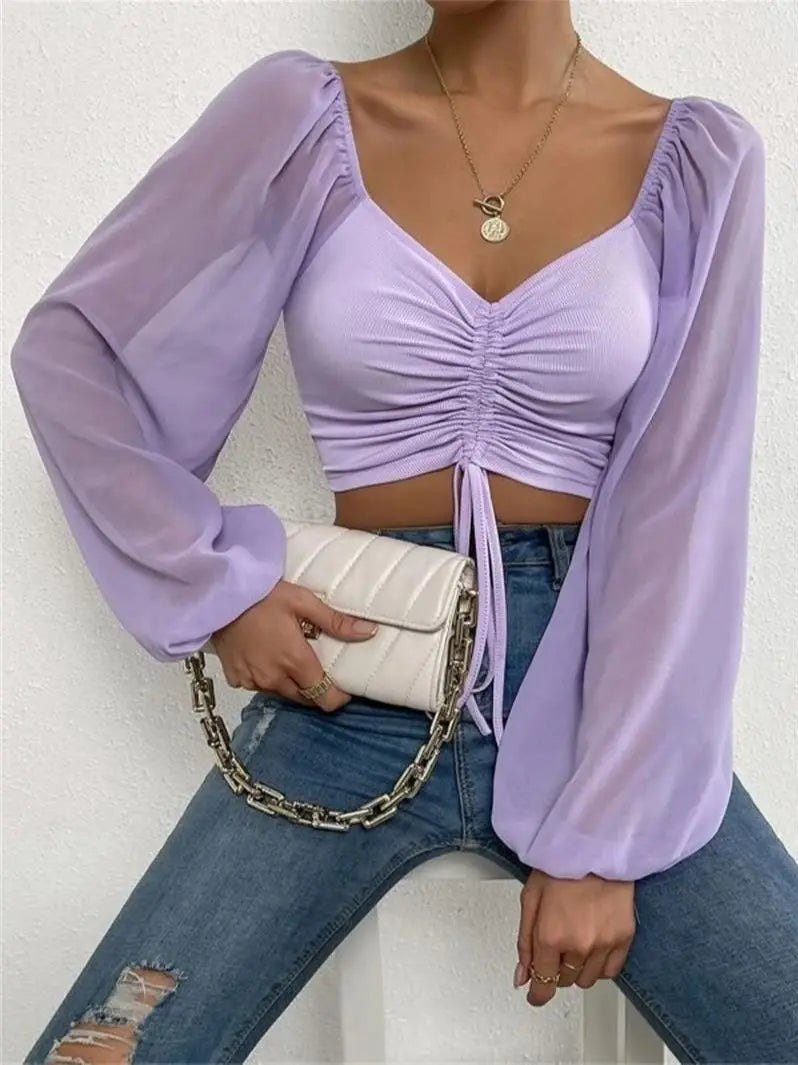 Fashion Forward: Women's Puff Sleeve Lace-Up V-Neck Top - Sexy Close-Fitting Summer/Spring Fashion, Solid Color Long Sleeve