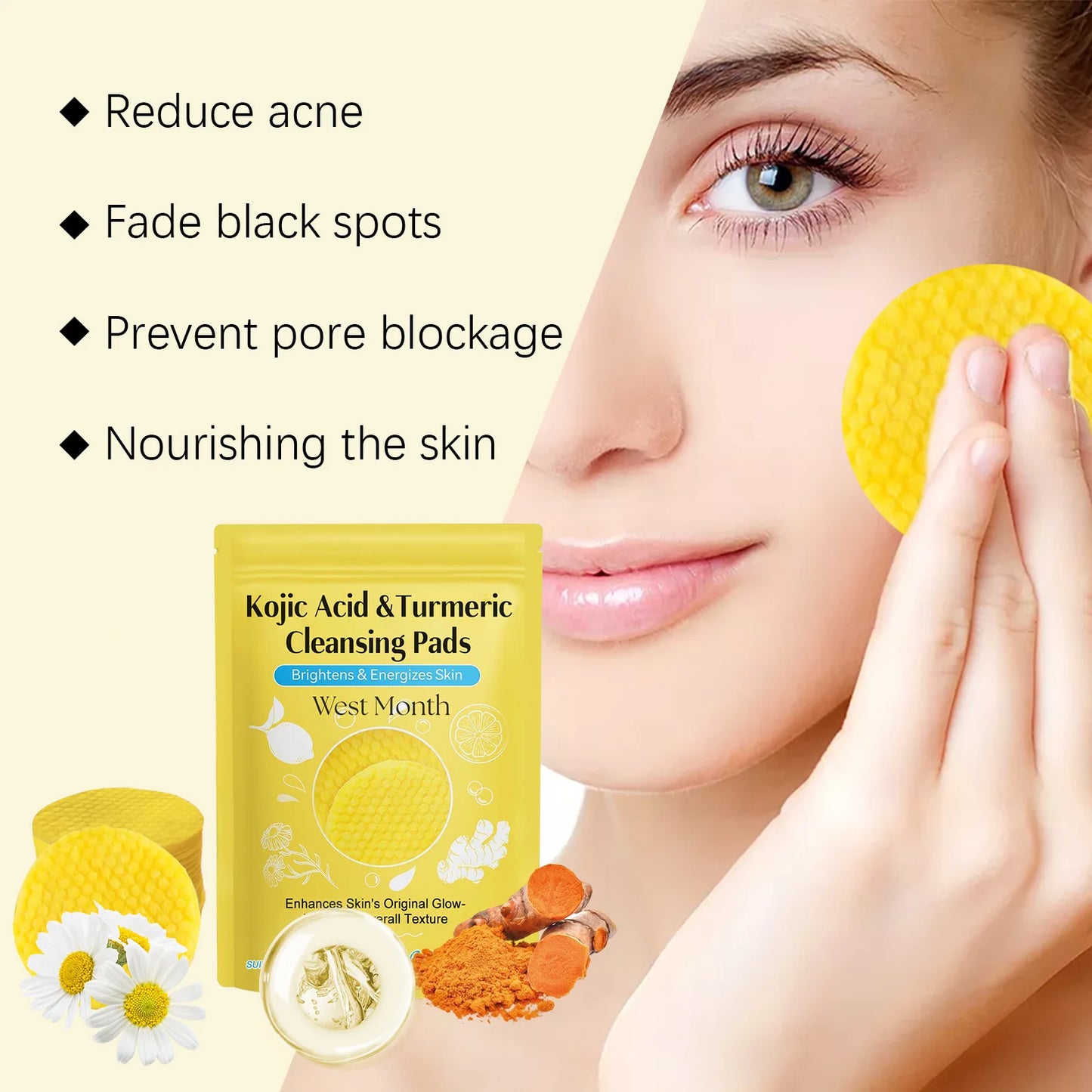 Turmeric and Kojic Acid Cleansing Pads - Exfoliating Facial Sponges for Acne, Dead Skin Removal, Oil Control, and Skin Glow