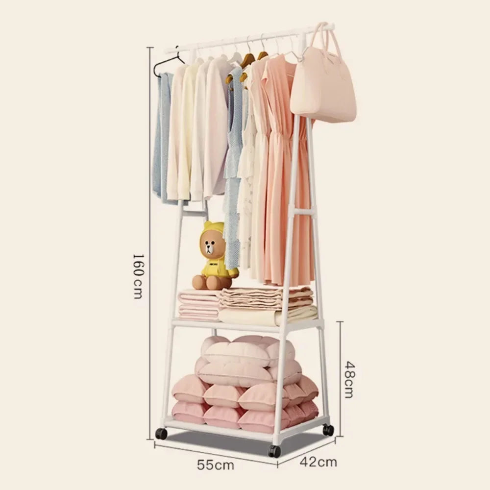 Standing Coat Rack with Wheels - Triangle Pulley Clothes Shelf for Bedroom and Household Storage