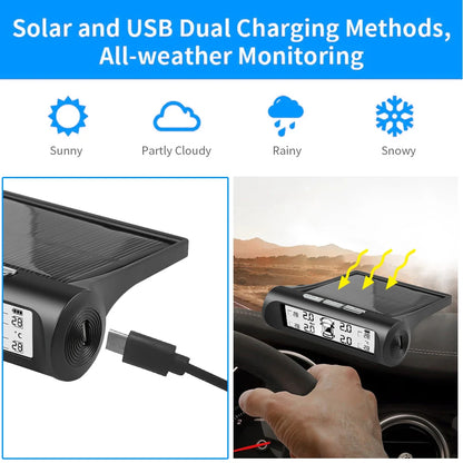 Car Solar Power TPMS: Digital Tire Pressure Alarm with 4 External Sensors | Auto Warning Monitoring System