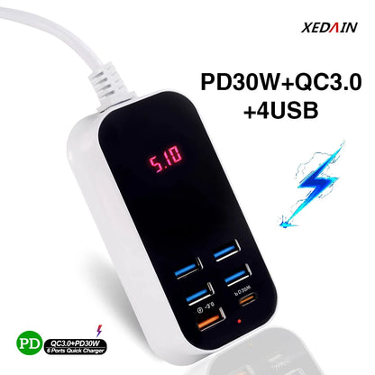 30W PD Type C Fast Charger: Multiple USB Wall Charger Adapter with Quick Charging - UK EU US Plug for Mobile Phones