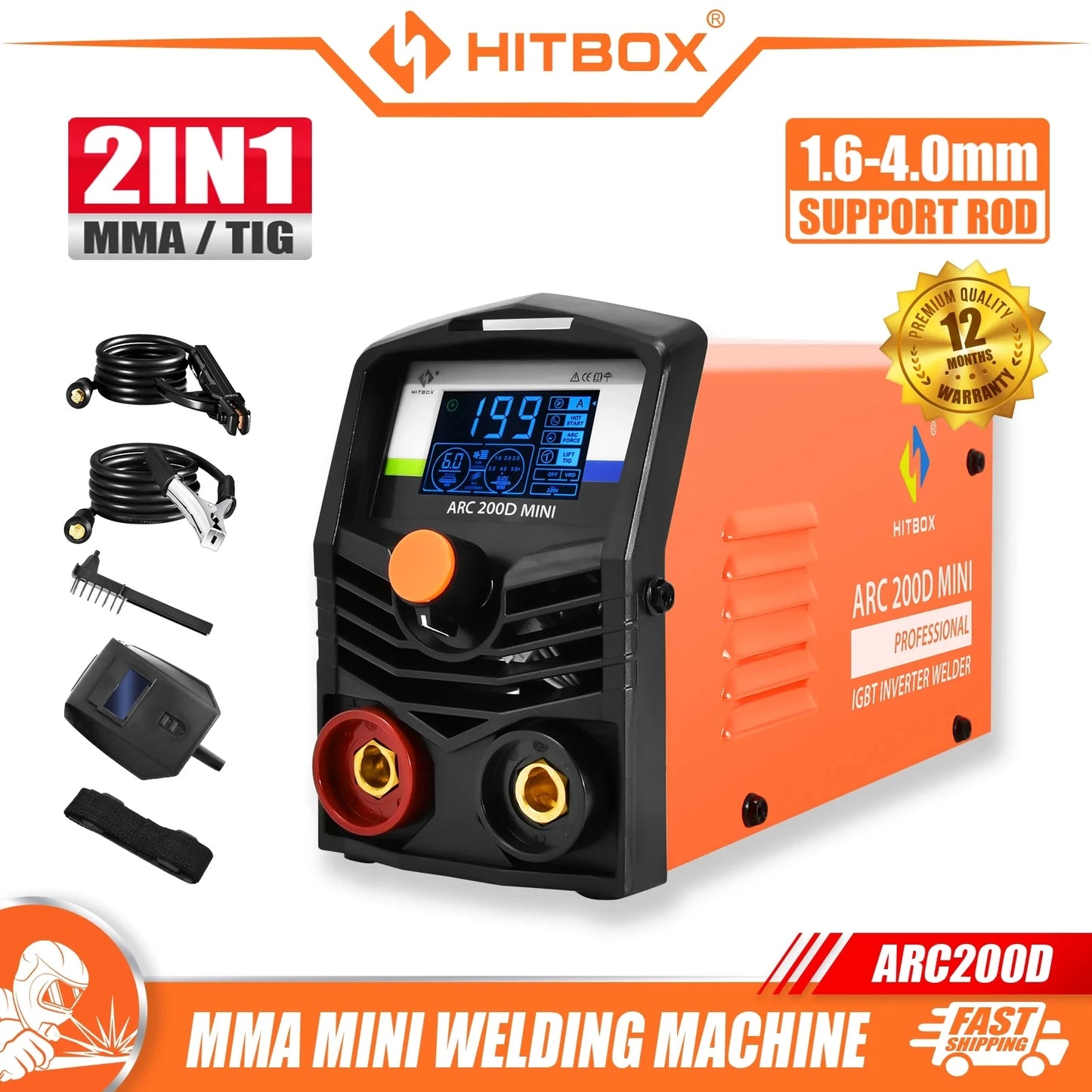 HITBOX ARC200D Welding Machine – 2-in-1 ARC MMA LIFT TIG Mini IGBT Inverter with LED Digital Display – Portable Home Welder 220V, 10-200A