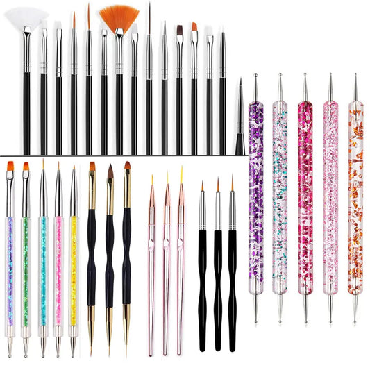 Nail Art Brush Set: 5/20Pcs Design Tip Painting Drawing Carving Dotting Pen - Flat Fan Liner Acrylic Gel UV Polish Manicure Tools