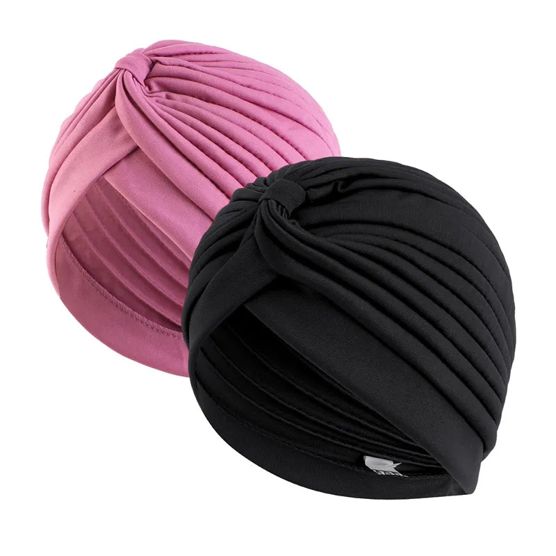 2pcs Stretch Turbans Head Beanie Cover - Twisted Pleated Headwrap in Assorted Colors - Hair Cover Beanie Hats for Women Girls