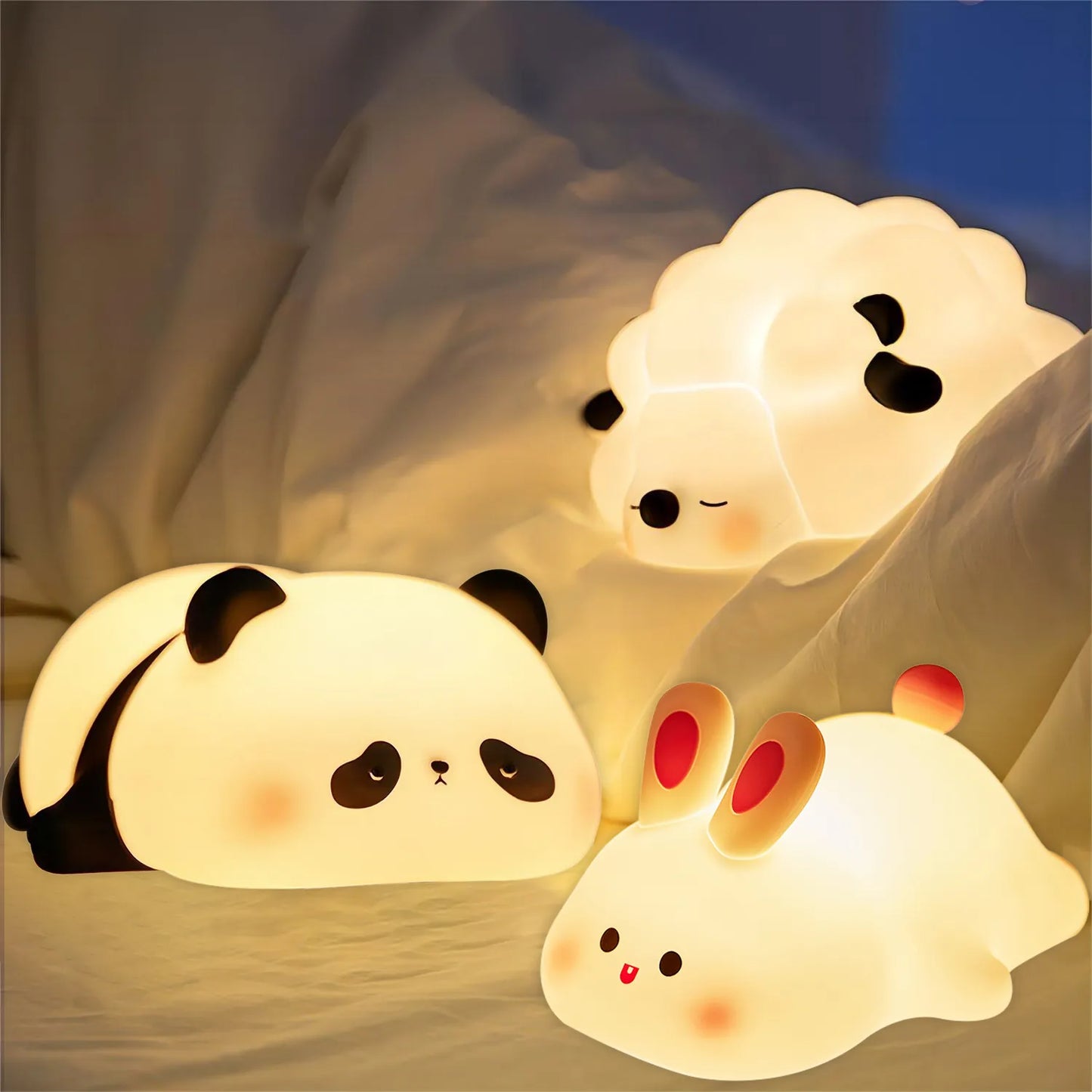 Silicone LED Night Lights: Cute Sheep, Panda, Rabbit Lamp - USB Rechargeable Bedside Decor with Timing Function for Kids, Baby, Perfect Birthday Gift