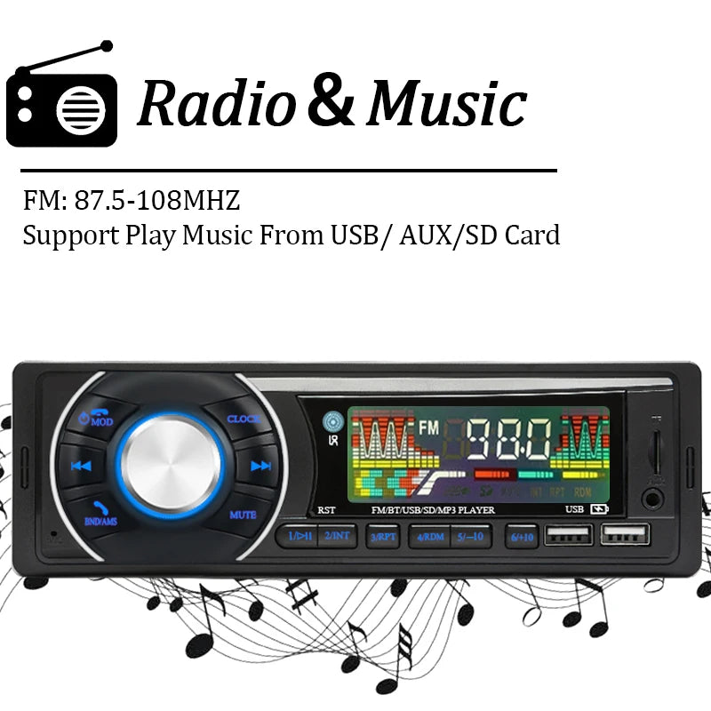 SINOVCLE Car Bluetooth Stereo MP3 Player: 1-Din FM Receiver with Phone Charging & AUX/USB/TF Card Support