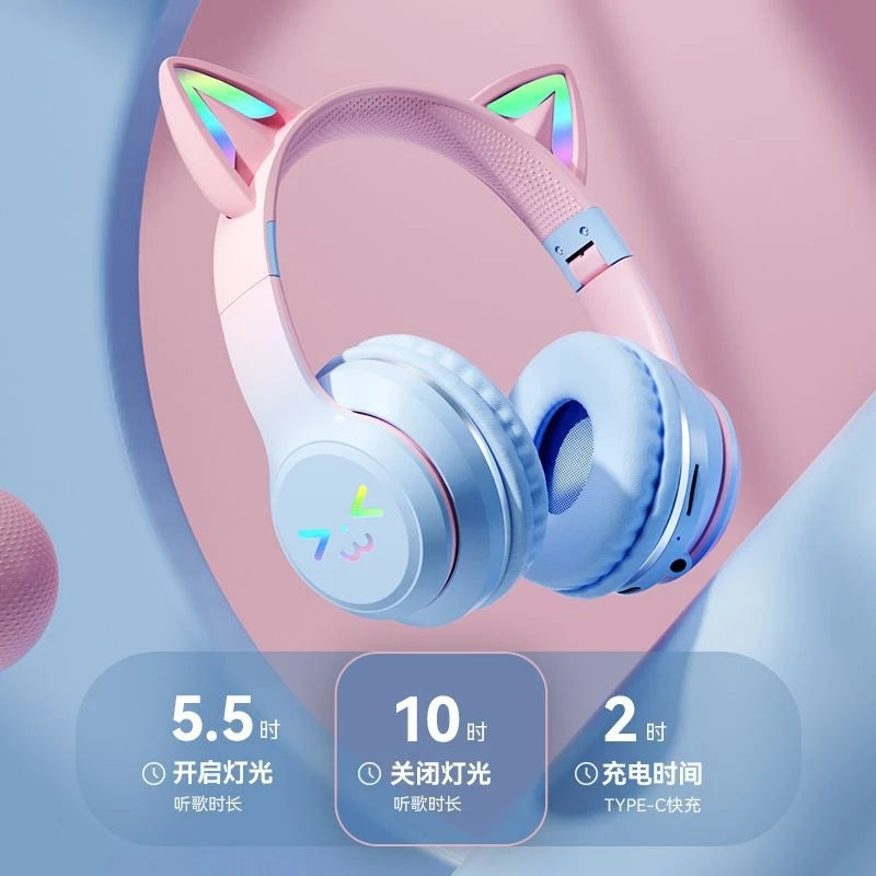 RGB Light Cat's Ears TWS Headset: Gradient Smile Face Headphone - Pink Little Girl Earphone Gift for Any Phone