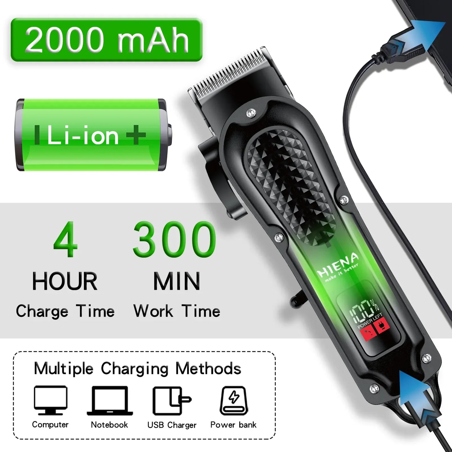 Hiena HYN-212 Electric Hair Clipper – USB Rechargeable Cordless Beard Trimmer for Men – Powerful Hair Trimming Tool