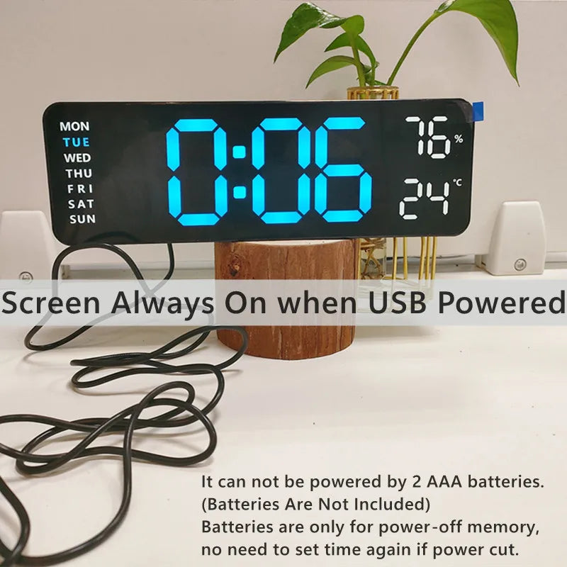 9 Inch Large Digital Wall Clock – USB Powered, Temp and Humidity Display, Auto Dimmer, DST, Table Clock with 12/24H LED Alarm