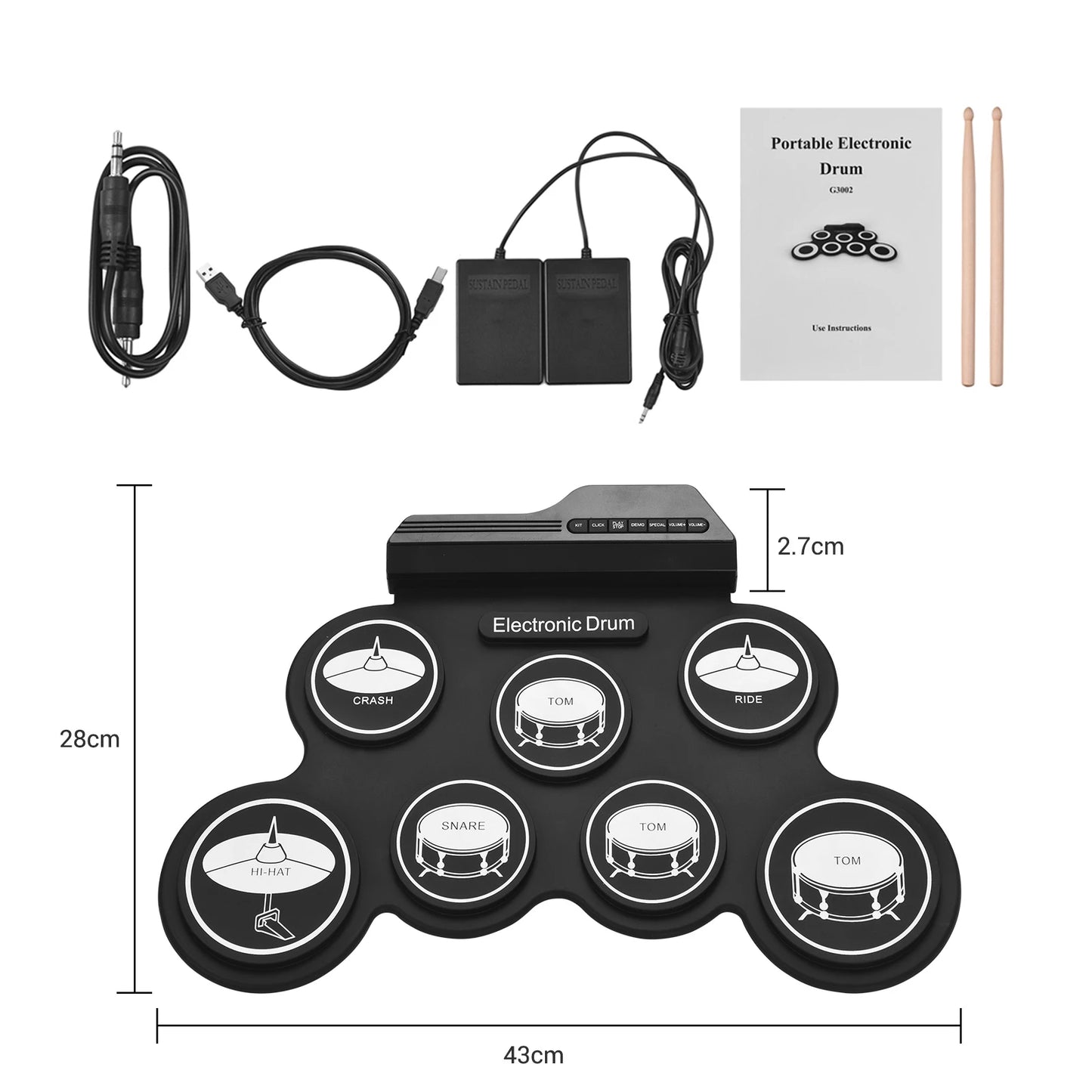 Compact Electronic Drum Set - USB Roll-Up Silicon Drums Pad, Digital Foldable Electric Kit for Hand Practice with Pedal