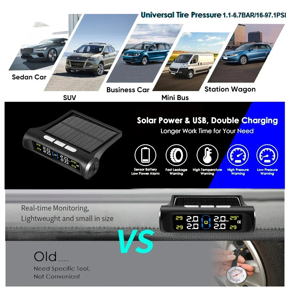 Intelligent TPMS Solar Tire Pressure Monitoring System – Parking Sensors for Cars with Temperature and Air Pressure Gauge