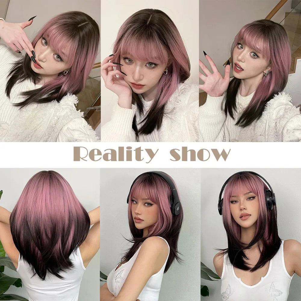 LOUIS FERRE Black Pink Ombre Synthetic Cosplay Wig: Long Straight Layered Wig with Bangs - Heat Resistant Fake Hair for Women