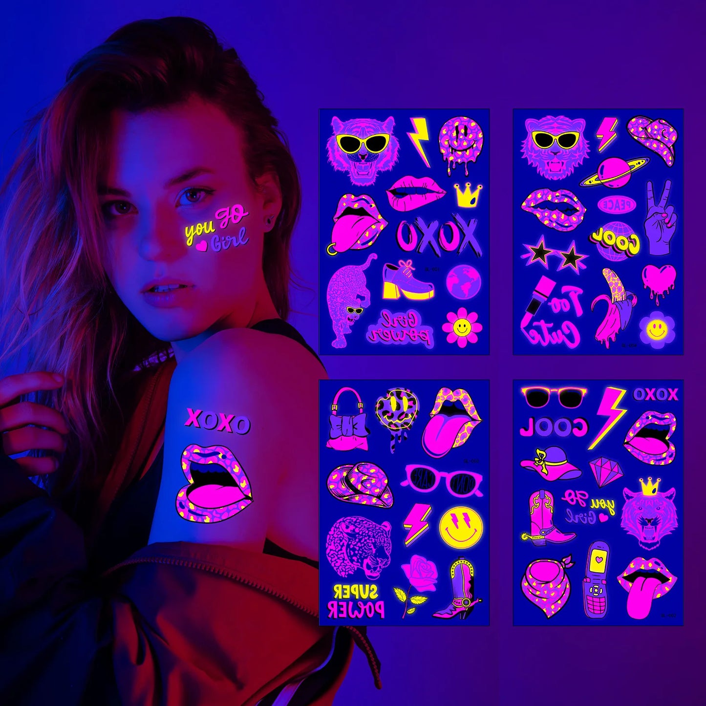 Glow Party Tattoo Stickers - Fluorescent Face and Body Sticker for Halloween and Neon Party Supplies - Happy Birthday 2024 Halloween Party Decor