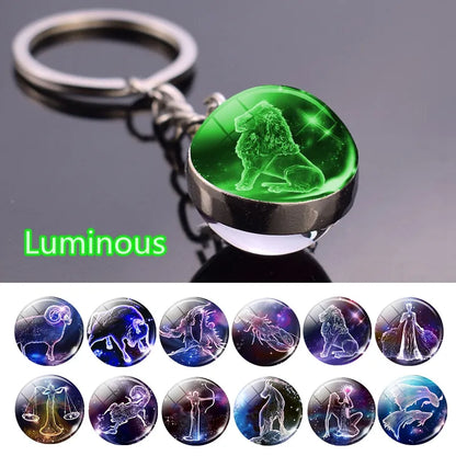 New Luminous 12 Constellation Glass Ball Key Rings: Double Sided Zodiac Signs Keychain for Women - Glow in the Dark Birthday Gift