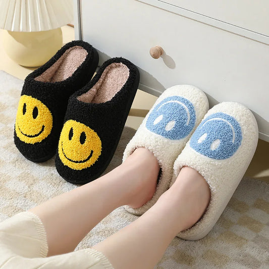 Smiling Face Furry Cotton Slippers for Couples - Women's Thick-Soled Cartoon Anti-Slip Indoor Slippers for Autumn/Winter