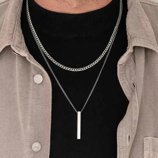 Vnox 3D Vertical Bar Necklace for Men – Layering Stainless Steel Geometric Pendant with Layered Wheat Rope Cuban Chain – Stylish Boy Collar