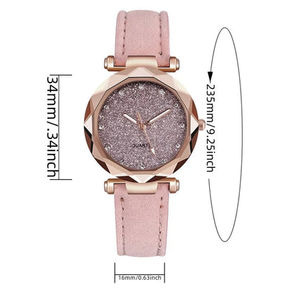 Round Face Rhinestone Starry Sky Watch – Silver and Pink Women’s Fashion Wristwatch with Frosted Belt – Vintage Black Quartz Timepiece