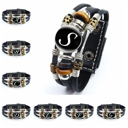 Artistic Letter A-Z Leather Bracelet - Adjustable Initial Cabochon Glass Snap Bracelet for Men & Women - Trendy Gift Accessory