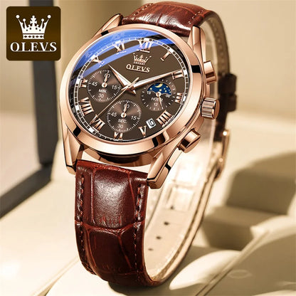 OLEVS Quartz Watch for Men - Top Brand Luxury, Moon Phase, Waterproof, Chronograph - Fashionable Wrist Watch for Men