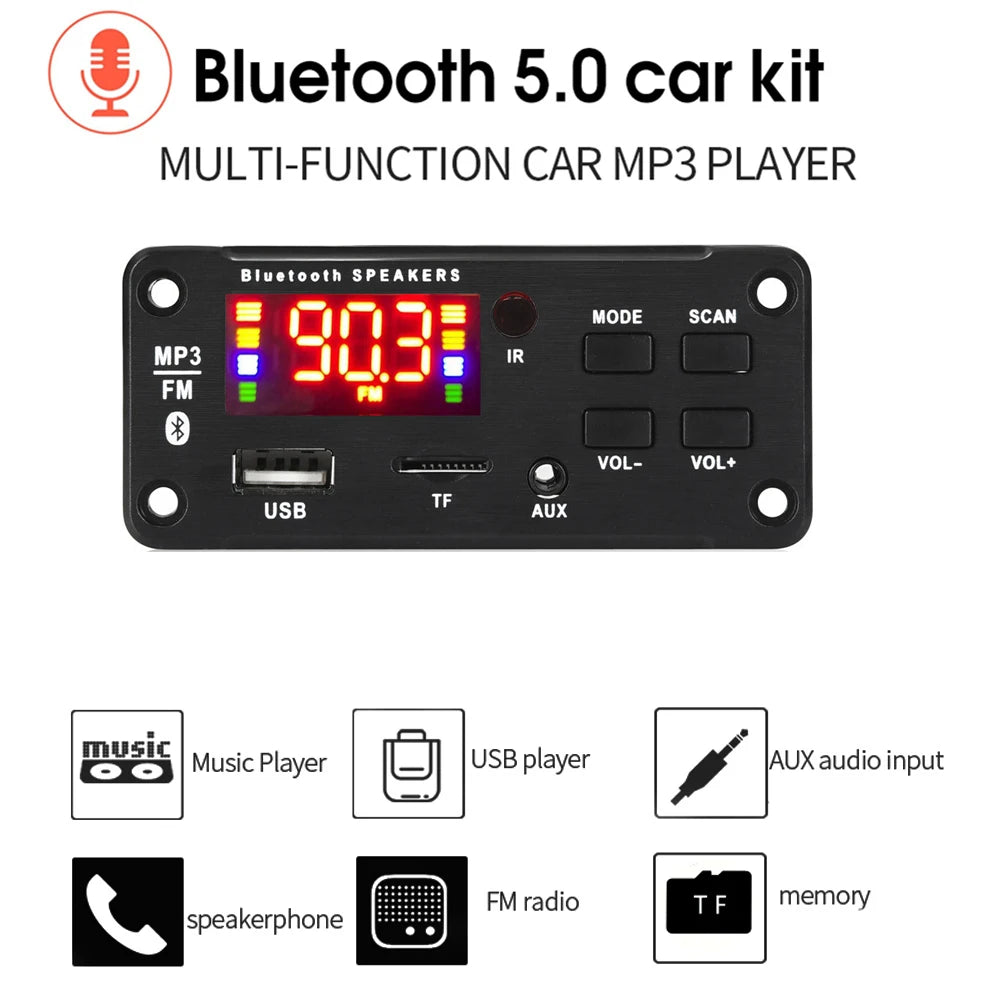 50W Bluetooth MP3 Decoder Audio Board with USB & TF, FM Radio for Car Speakers - DC 5V/12V Power Supply