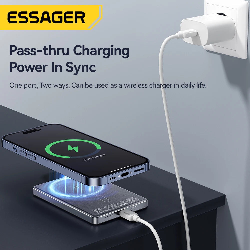 Essager Thin Wireless Power Bank – Magnetic 20W, 5000mAh, Portable Fast Charging External Battery for MagSafe, iPhone 15/14/13/12