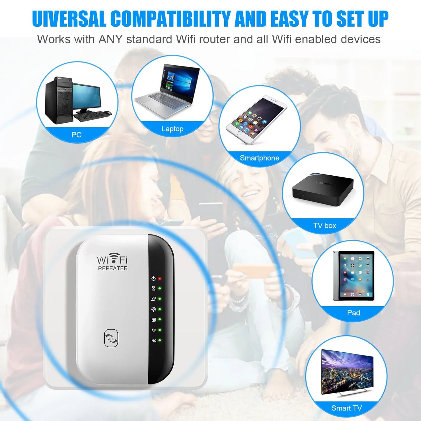 300Mbps Wireless WiFi Repeater: Extender Amplifier Booster Router with Long Range and 7 Status Lights for PC - 802.11N WPS