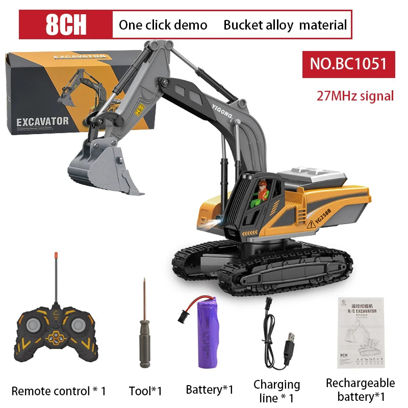 1:24 Scale 9CH RC Alloy Dump Truck - Remote Control Engineering Vehicle, Heavy Excavator and Forklift Toy for Boys